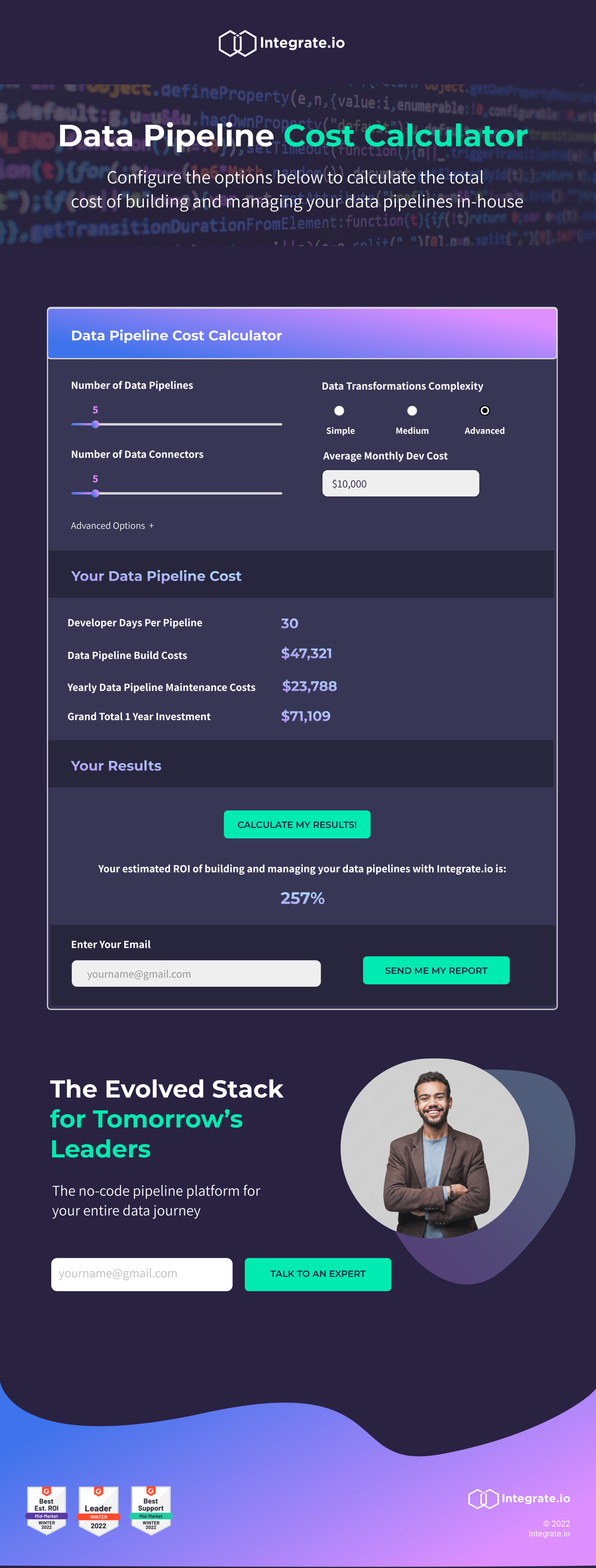Integrate.io Data Pipeline Cost Calculator — hi-fidelity landing page design
