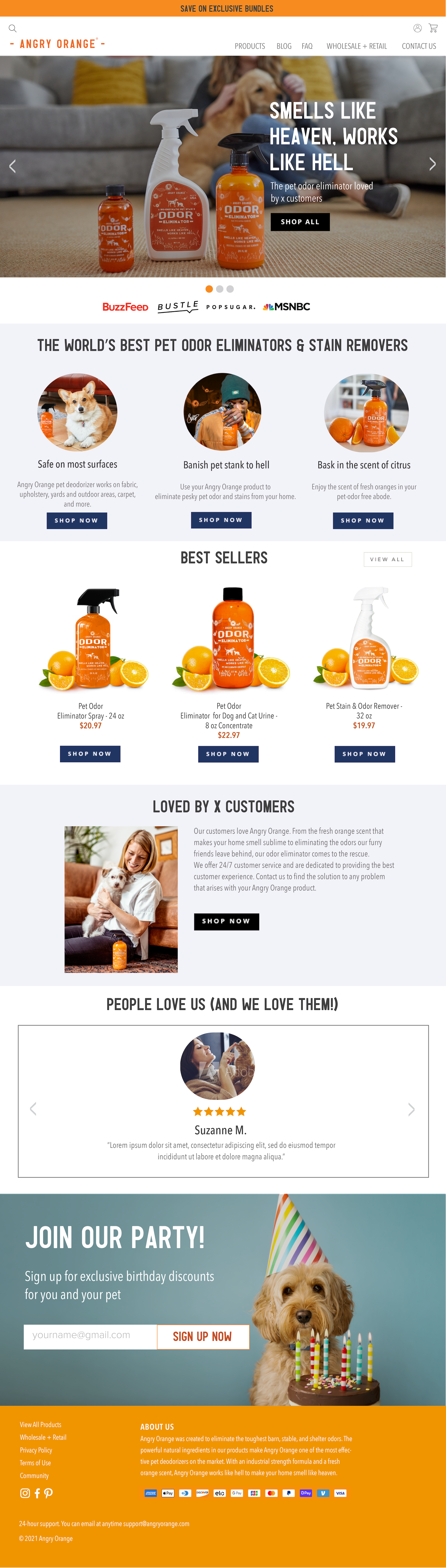 Angry Orange homepage — bold pet care CPG brand with orange palette and blunt product claims