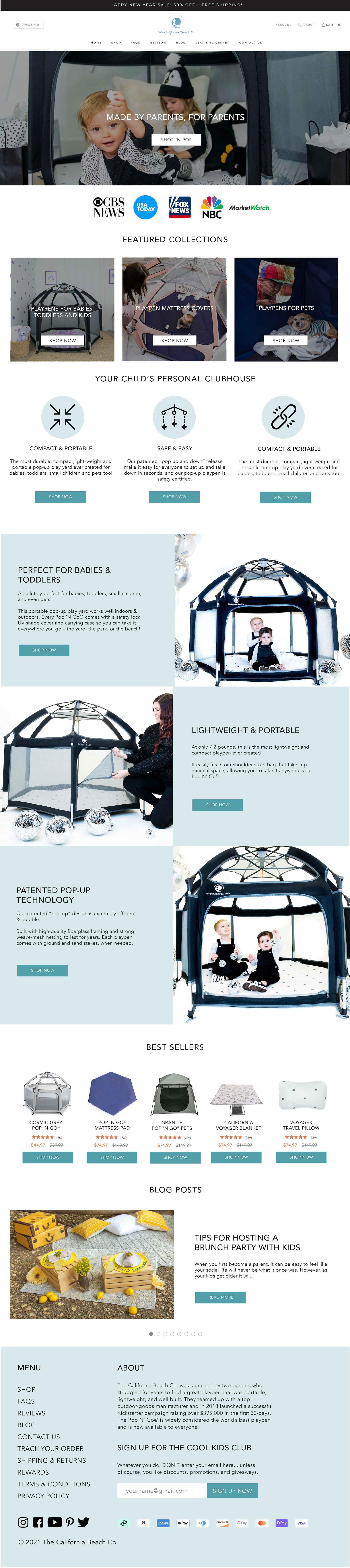 California Beach Co homepage — playpen brand, lifestyle-led homepage for millennial parents