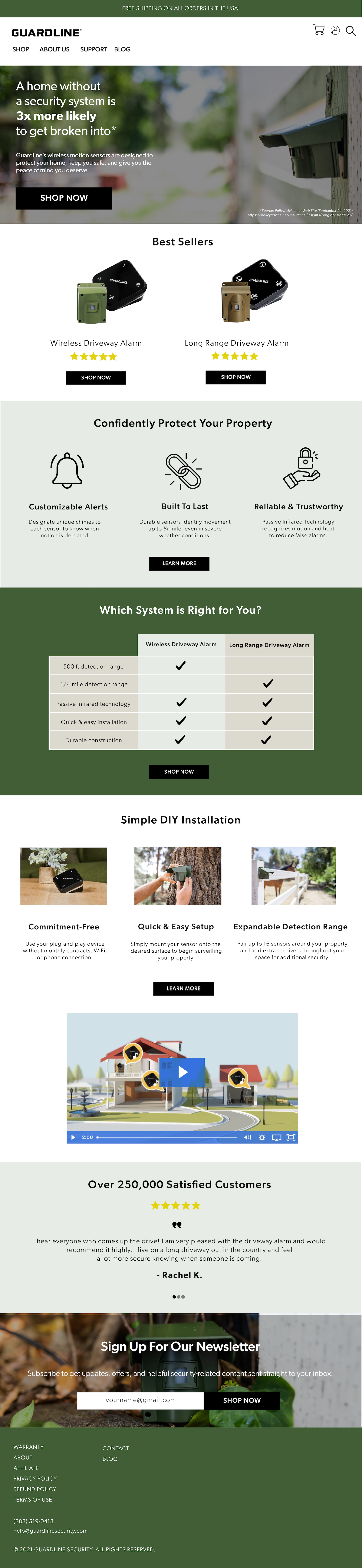 Guardline homepage — security system brand, hero with fear-to-solution narrative