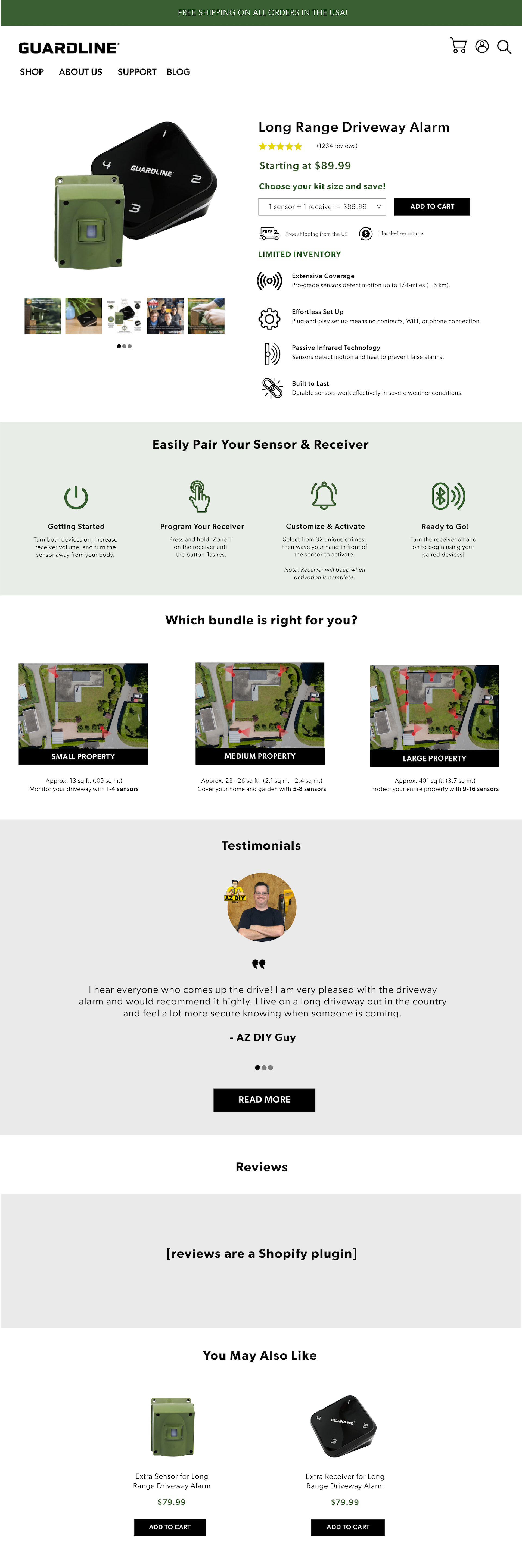 Guardline PDP — product detail page with specs, bundle selection, installation guide